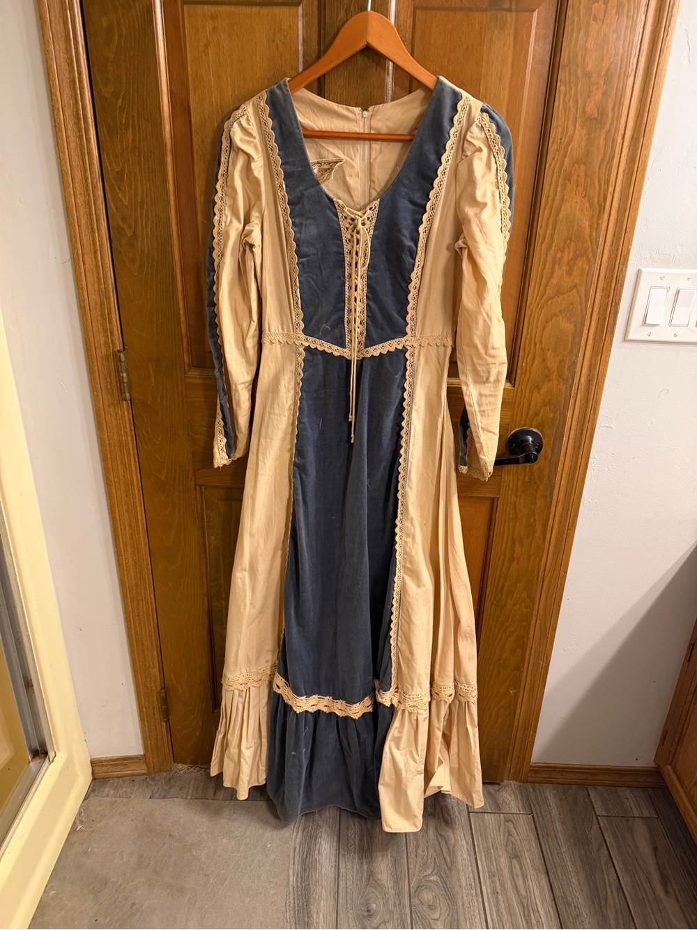 Vintage 70s Gunne Sax by Jessica Blue Velvet Cream Prairie Maxi Dress As Is